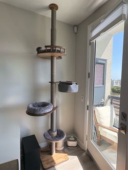 Floor to Ceiling Cat Tree with 93”-107” Adjustable Height, 5-Tier Wooden Cat Climbing Pole with Scratching Post, Cozy Hammock and Basket Bed, Floor to
