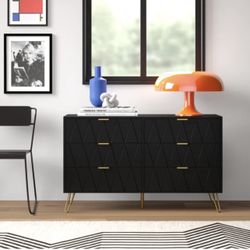Black 6-Drawer Dresser Geometric Pattern Gold Hairpin Legs