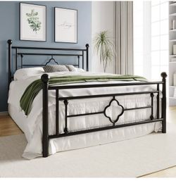 O07 $75  14 Inch Full Size Metal Platform Bed Frame, Vintage Victorian Style, Wrought Iron Headboard and Footboard/Mattress Foundation for Storage/No 