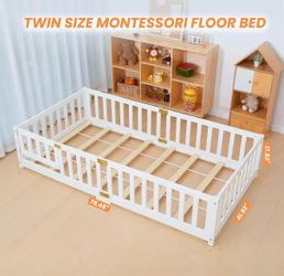 Twin Floor Bed for Kids-Montessori Floor Bed Frame with Rails Twin Size Slolid Wood Bed Frame for Girls and Boys