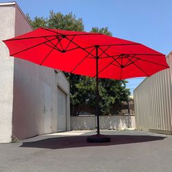 (NEW) $130 Large Double Sided Outdoor (15ft Umbrella and 65lbs Plastic Base set) Colors Red/Gray