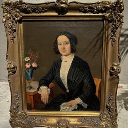 Early 19th c. antique oil painting of a well dressed woman