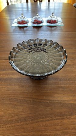 Vintage Smoke Gray Glass Pedestal Cake Stand – 10” Pressed Glass