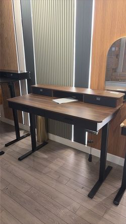55 inches brown, premium sand desk with bottom drawers and upper Shelves