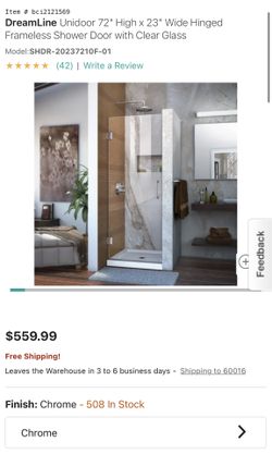 DreamLine Unidoor 72" High x 23" Wide Hinged Frameless Shower Door with Clear Glass