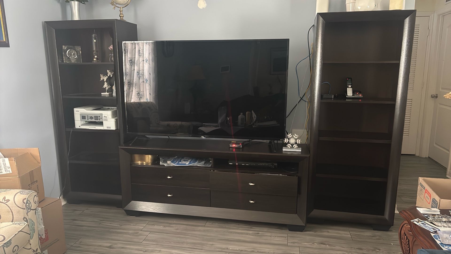 Tv Stand And Library 122 W” x 70” H,… TV 56” , TCL, Included. Works Great, In Good Condition