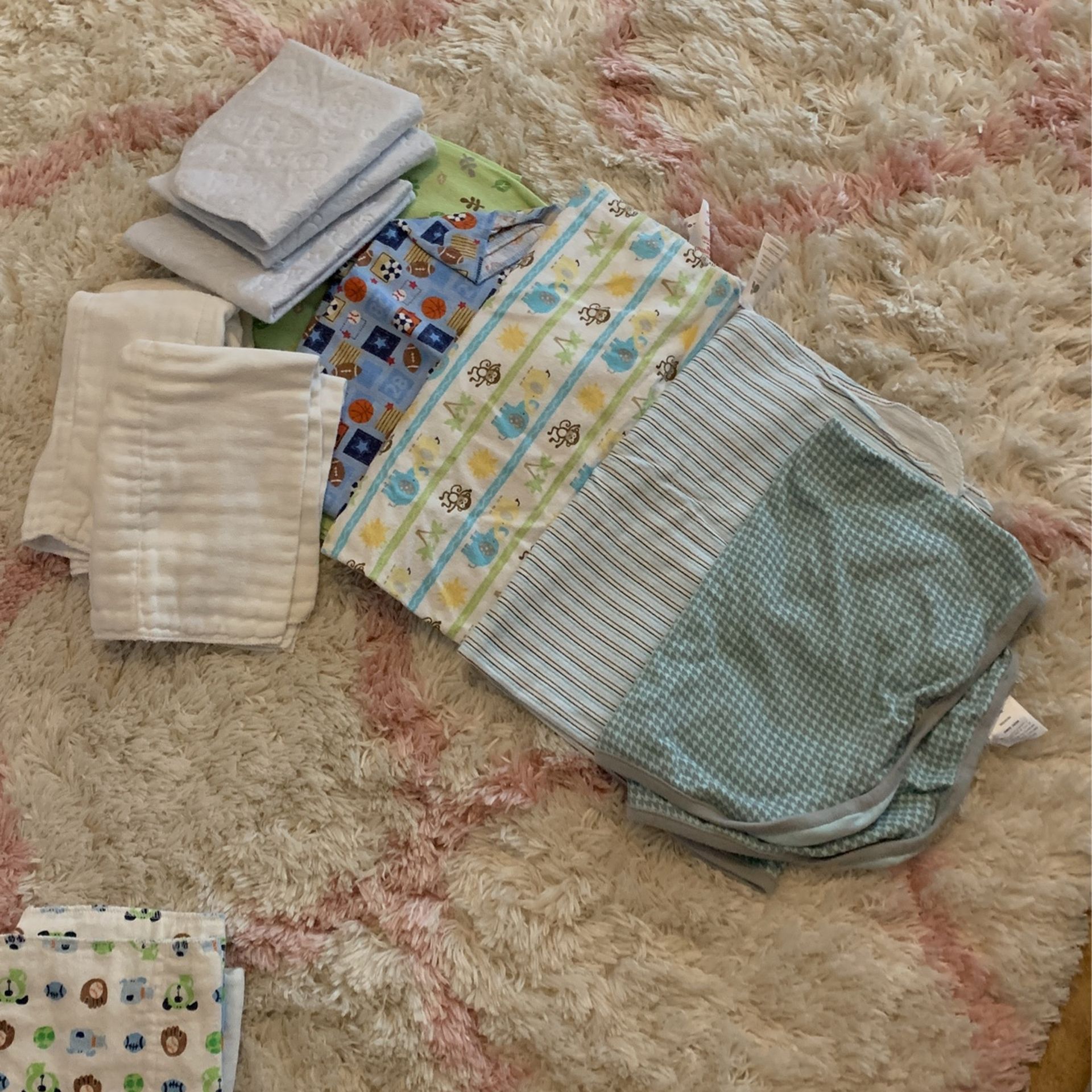 Receiving Blankets (5) And 4 Burp Cloths