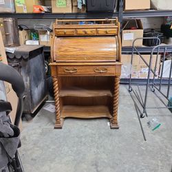 Carved Wood Secretary Desk With Roll Top Hutch Shelves 
