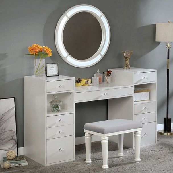 FINANCE TODAY! - Glam Style Luminous White Finish Wood Vanity Stool Mirror Set
