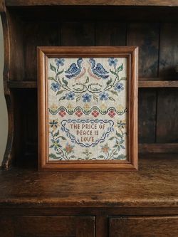 Framed Cross Stitch Sampler – The Price of Peace Is Love-vintage hand made