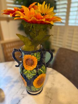Beautiful ceramic vase with painted sunflowers!