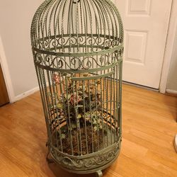 Large Vintage Bird Cage With Dried Decorative Flowers
