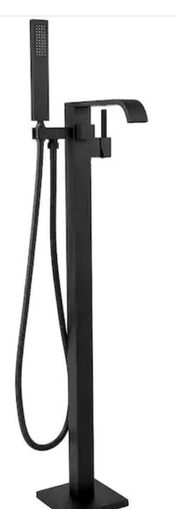 1-Handle Freestanding Floor Mount Tub Faucet Bathtub Filler with Hand Shower in Matte Black