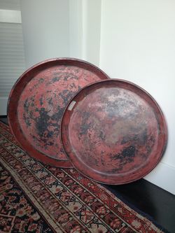 Set of 2 Antique Burmese Teak Wood Lacquer Trays