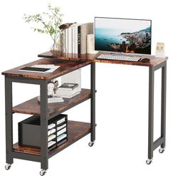 Mobile Workstation 360 Degrees Rotating End Table with 2 Tier Storage Shelves Sturdy Metal Frame with 6 Universal Casters Laptop Table for Home Office
