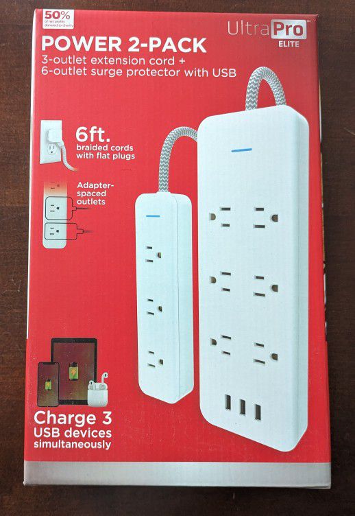 New Ultra Pro Elite 6ft Surge Protector w/ 3 USB + 6ft Extension Cord