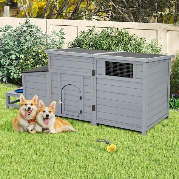 Dog Kennel, 2-in-1 Outdoor Wood Dog House with Feeding Bowls, Large Gray