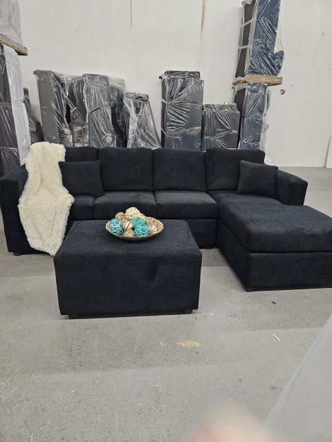 BLACK SOFA CHAISE WITH FREE OTTOMAN 