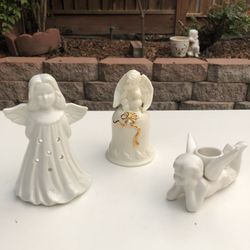 Two Angel Ceramic Candle Holders and Angel Bell