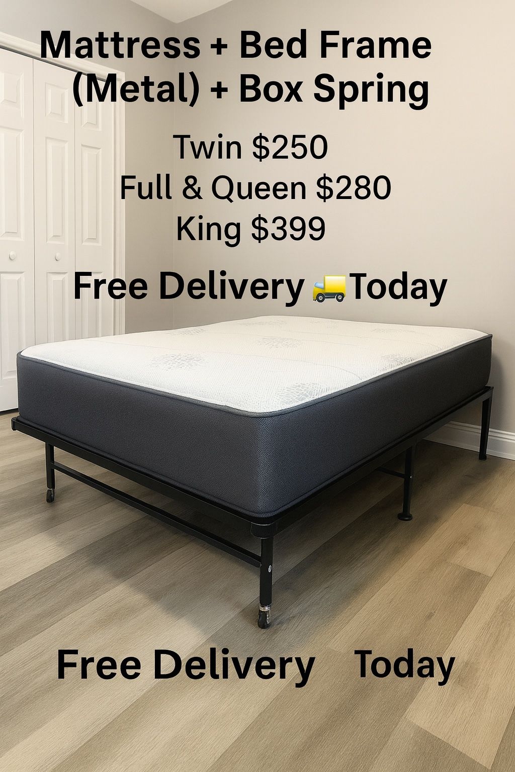 Queen Mattress • Box Spring • Bed Frame (Rails)  📦  🚚 Same Day Delivery