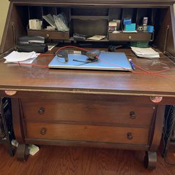  Antique Desk On Rollers. Looks Like 18th Century Piece. 3’(width)X 3’4”( Height)X 1’6”( Depth). Brown Color
