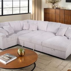 Beige RHF Fabric U-Shaped Pull Out Sectional Sofa w/ Storage Chaise + Pillows