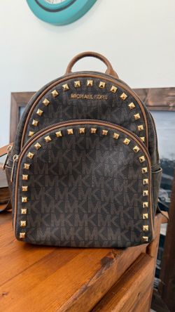 Michael Kors Abbey Medium Studded Backpack Brown MK Monogram Gold Studs