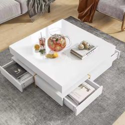 White Square Coffee Table: 4 drawers, gold legs