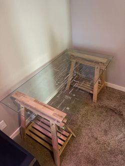 Glass Top Desk with Wood Trestle Legs