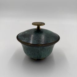 Vintage Marked Made In Israel Brass Green Enamel Lidded Footed Candy Dish Bowl 