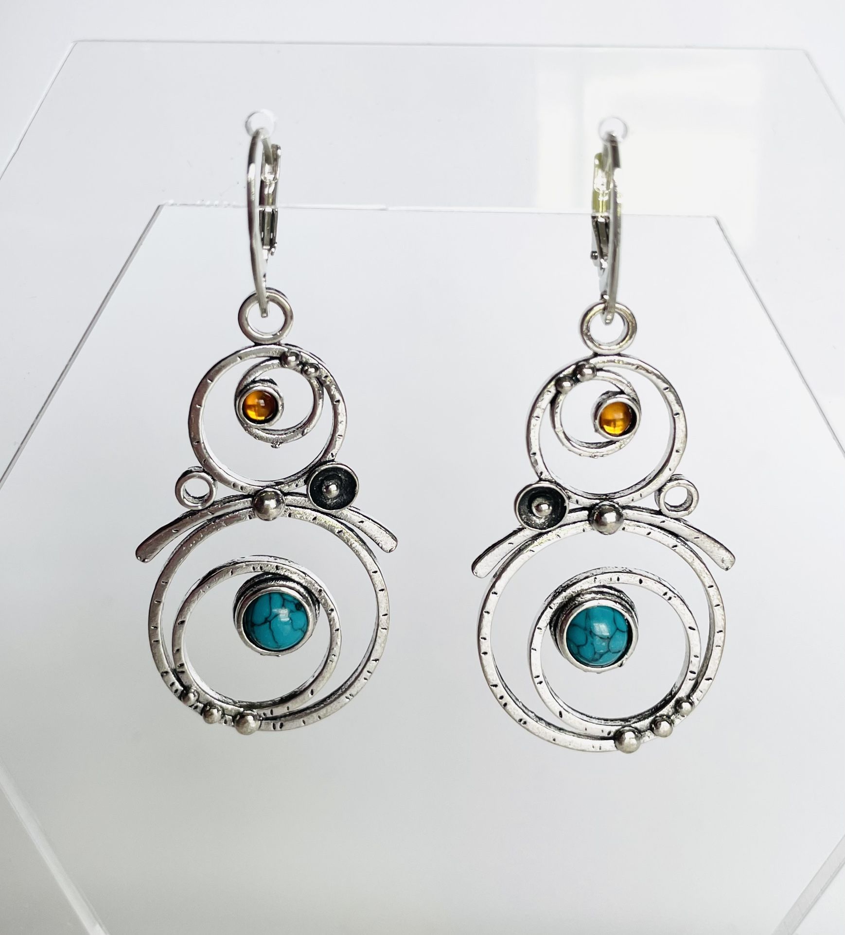 Circle  Earrings blue turquoise Silver drop dangle bohemian French hook