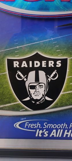 BUD LIGHT  ( RAIDERS ) FRAME. ( ALSO PLENTY OF NEON SIGNS / LIGHTS AVAILABLE FOR SALE ) DODGERS & ANGELS BOBBLEHEADS AVAILABLE. TAP HANDLES .