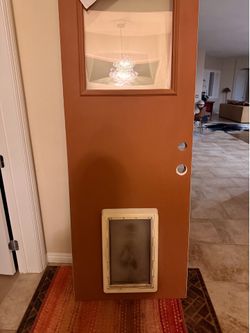 Pre-owned Doggy Door With Glass Side  Door  30x95 , one side white, another side-brick color , pick by 89131 zip, by Floyd’s Lamb park
