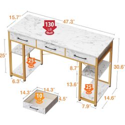 Vanity Desk *3 Fabric Drawers *Storage Shelves *White Marble & Gold *48”x16” *NEW & ASSEMBLED