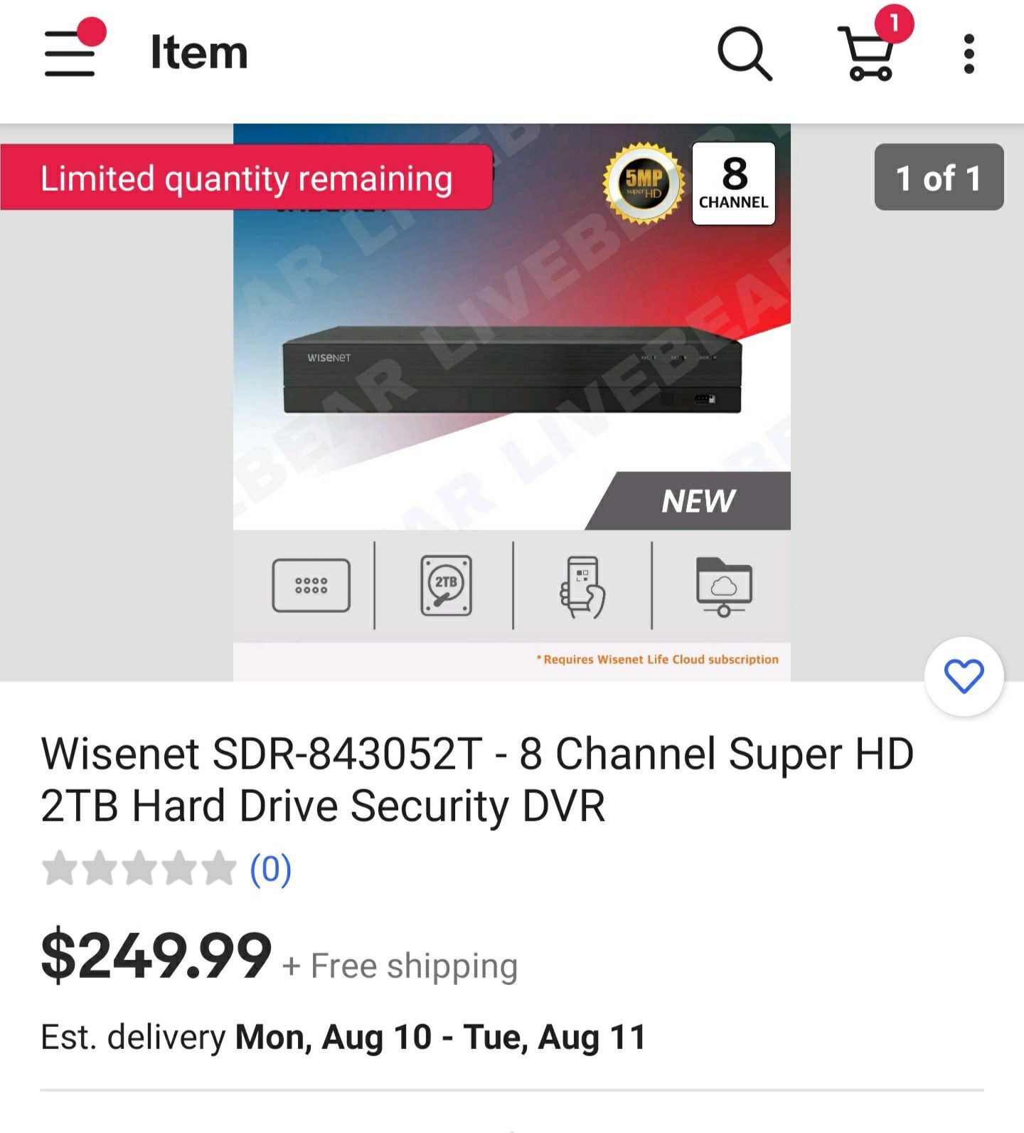 Samsung Wisenet 8 CH DVR 2TB HDD Security System 5MP HDMI Ethernet App Mobile
