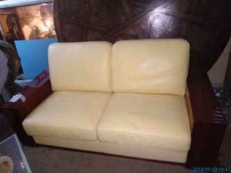 Yellow Leather Loveseat Wood Frame