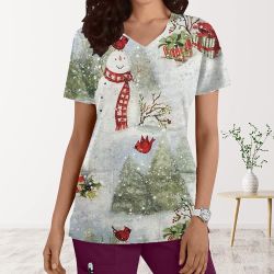 Women's V Neck Tunic Tops Christmas Snowman Casual Short Sleeve Work Uniform Slim Fit Blouse Tops