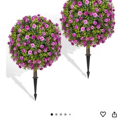 Artificial Purple Rose Topiary Ball Trees with Ground Spike Set of 2, 