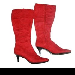East 5th Red Faux Suede Knee High Heel Boots w Side Zipper (Pre-Owned)