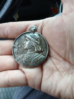 French, Antique Religious Large Medal. Saint Joan of Arc on horseback. Horse.