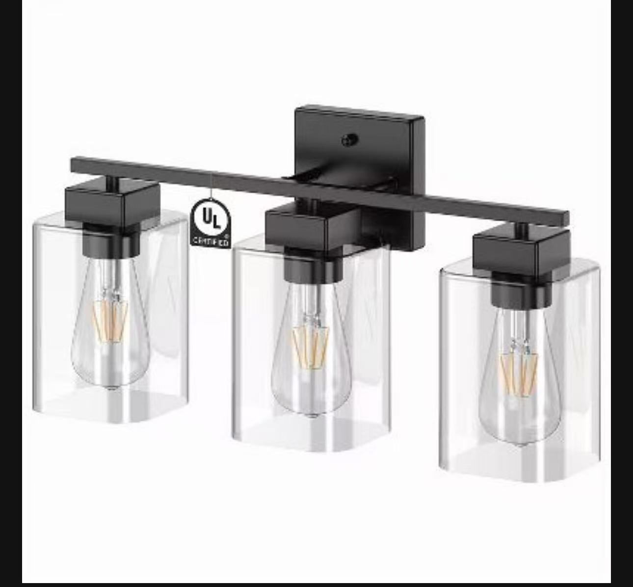 15.75 in 3-Light Matte Black Modern Vanity Light with Square Clear Glass Shade, Wall Lighting Fixtures for Bathroom