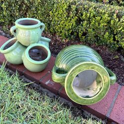 Small Lot 2-Glazed Green Ceramic Planter Pots Vases Urns Garden Decor Plants Succulents Flowers SMALL urns Vases Draining 