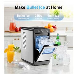 Portable Countertop Ice Maker Machine, 26lbs Ice in 24Hrs, Self-Cleaning Ice Maker with Selectable Ice Size & Internal Light, Compact Design for Home/