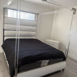 White queen Bed Frame With Mattress And One Night Stand 