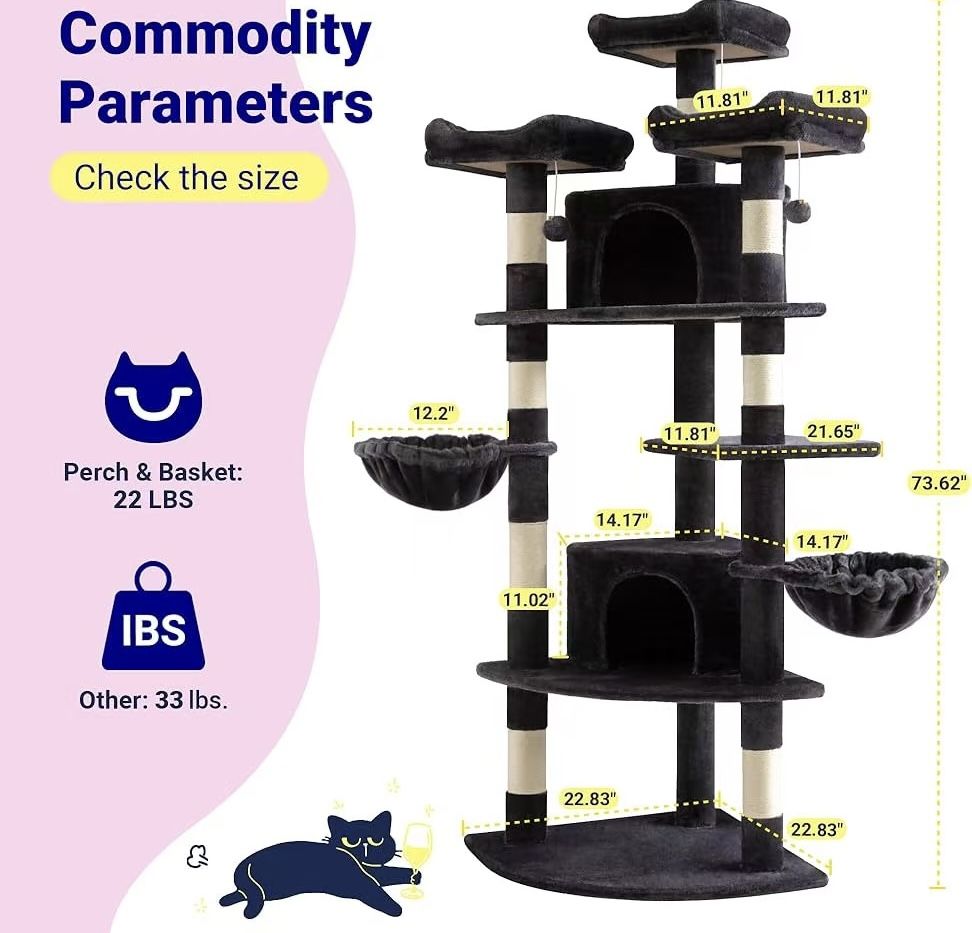🥨Allewie 73in Fan-Shaped Space-Saving Corner Cat Tower/Multi-Level Tall Cat Tree for Indoor Kitties/Cozy Baskets/House/Perches/Sisal Scratching Posts
