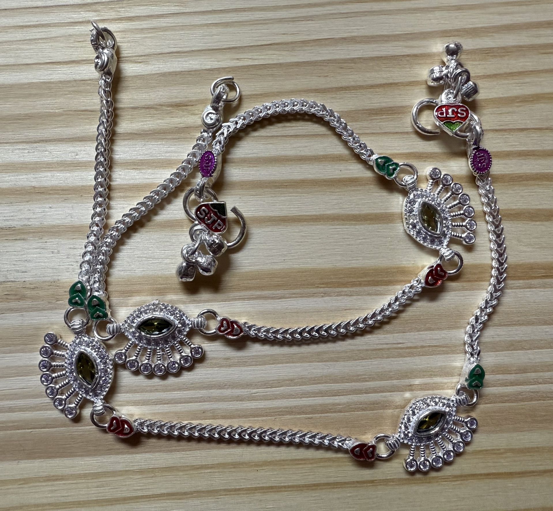 PAIR STERLING SILVER payal red green meena crystals BELL ANKLET BOLLYWOOD INDIA