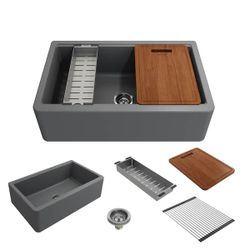 BOCCHI
Arona Concrete Gray Granite Composite 33 in. Single Bowl Farmhouse Apron-Front Workstation Kitchen Sink w/Accessories