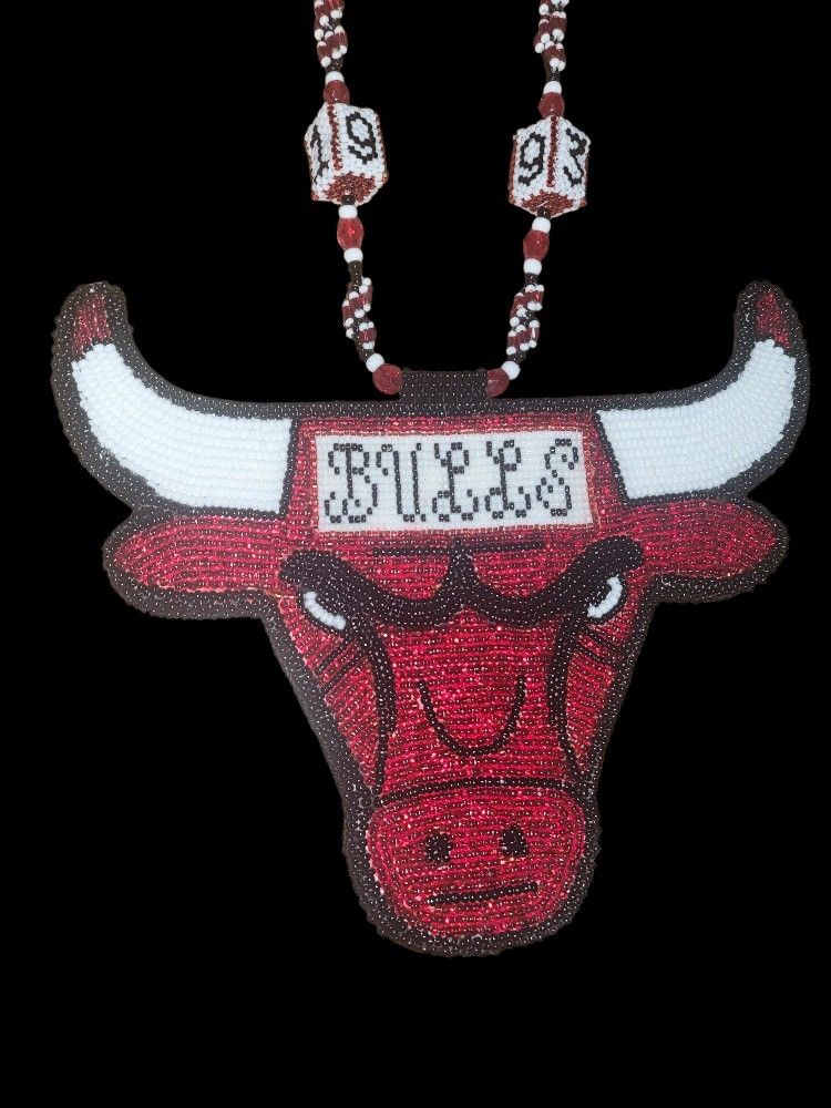 Handmade Double-Sided Beaded Chicago Bulls Necklace Champion Tribute 20” Long Red & Black 1991, 1992, 1993, 1996, 1997, and 1998. championsh