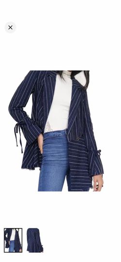 Free People Stella Navy Blue Pinstripe Linen Peplum Blazer Jacket Size M