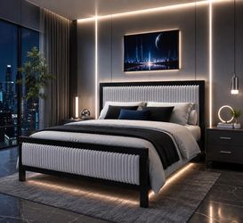 Queen Size Upholstered Bed with Fluffy Soft Headboard, Grey+Black Frame.